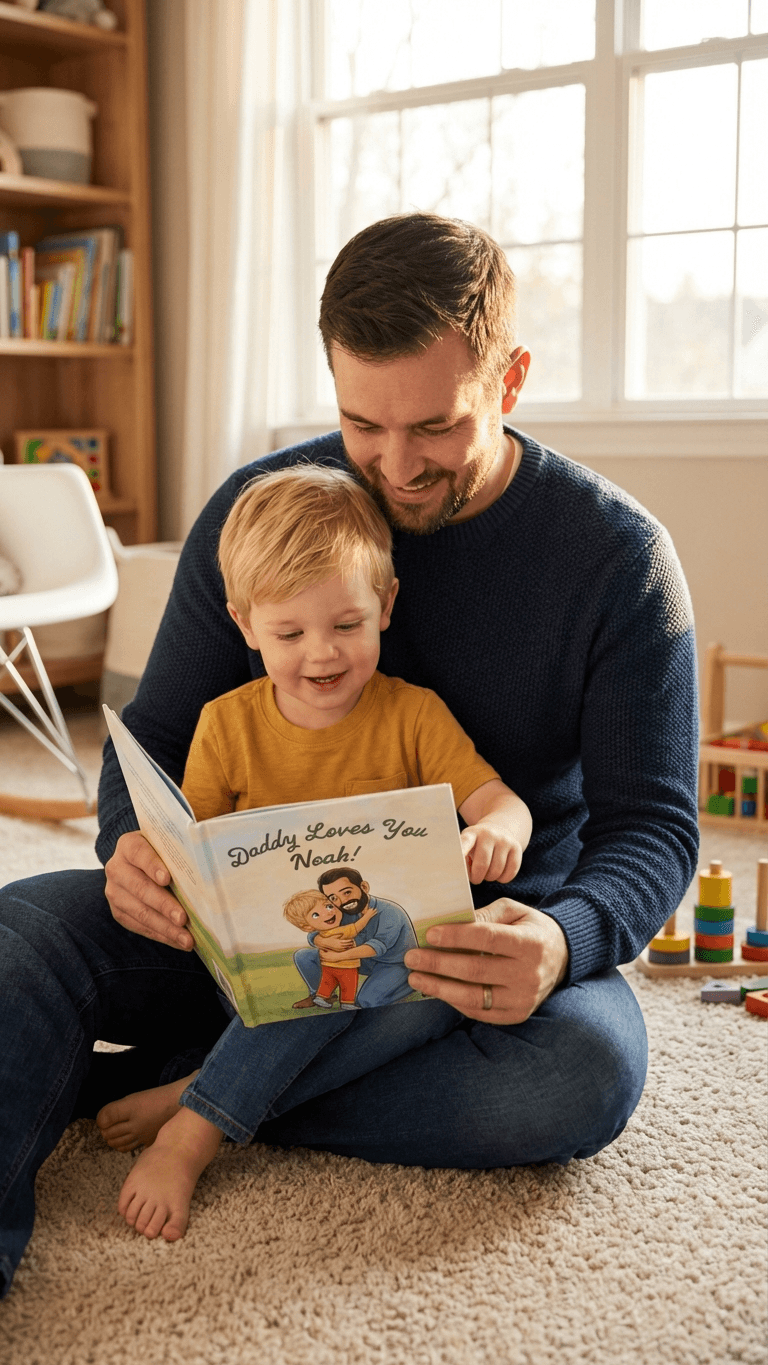 Dad and son with their storybook